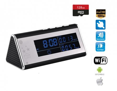 Jam alarm dengan kamera WIFI HD LENGKAP dan pemantauan kualitas udara + 4IR LED + dukungan micro sd 128GB