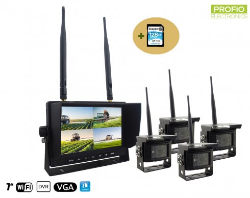 Bezdrótové kamery s monitorom - 4x kamera + 7" LCD s nahrávaním DVR (Audio + Video) + karta 128GB SDXC