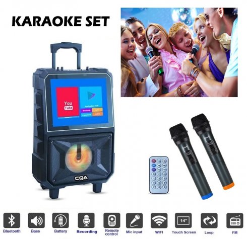 Karaoke rendszer házibuli szett - 40W hangszóró + 14" érintőképernyő + 2 bluetooth mikrofon