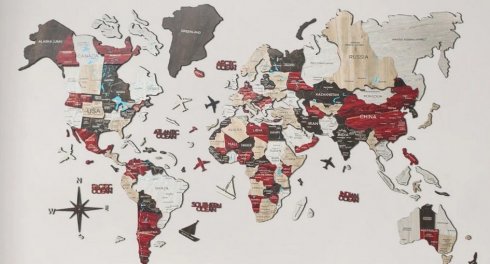 Голяма карта на света - 3D дървена карта на стената - ГРАДСКИ 150 см х 90 см