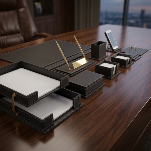 Leather desk accessories - luxury office SET SET 14 pcs (Black
