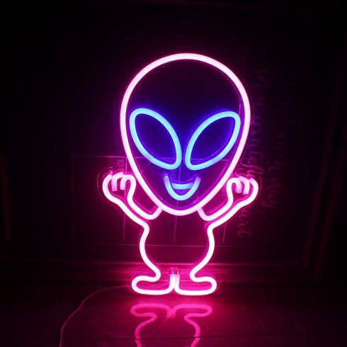 LED illuminated neon logo banner on the wall ALIEN