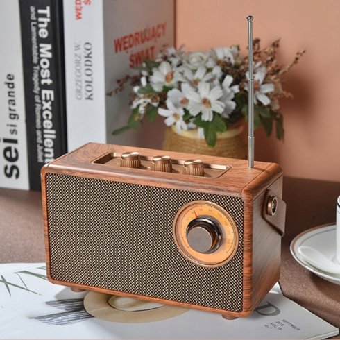 AM FMラジオ - レトロなビンテージスタイルの木製、Bluetooth + AUX