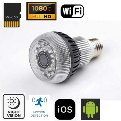 Gloeilamp camera spion met FULL HD + WiFi + 24x IR LED met 120 ° hoek