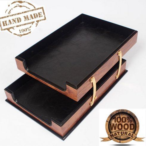 Office tray - kahoy na dokumento tray rosewood na may katad (Handmade)