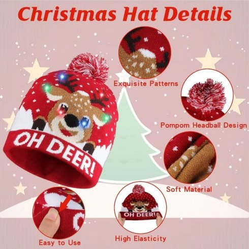 Božićna kapa s pompom - Osvijetljena kapa s LED-om - OH JELEN