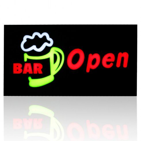 Panel LED promocional con la descripción "BAR Open" 43 cm x 23 cm