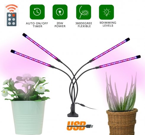 Planta de luz LED 36W (4x9W) 4 cabezales cuello cisne + mando a distancia