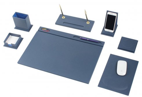 Blått lyxigt skrivbordsset från läder - 7 st (handgjorda)