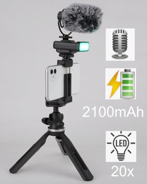 Stativ za vlogere - SET za pametni telefon s LED svjetlom i vanjskim mikrofonom