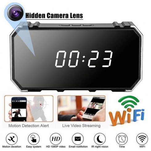 Kamera 4K mata-mata Wi-Fi tersembunyi di jam alarm + deteksi gerakan + night vision 8 IR