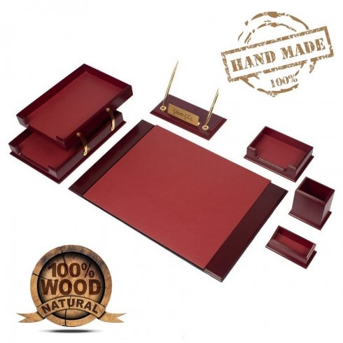 Accessoires de bureau de luxe SET 8 pièces pour table de travail (Noyer + Cuir Bordeaux)