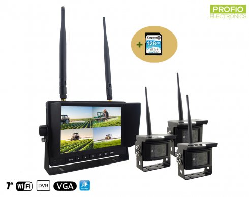 Rear view camera SET - 3x Camera + 7" monitor with capability of recording DVR (Audio + Video) + 128GB SDXC Card
