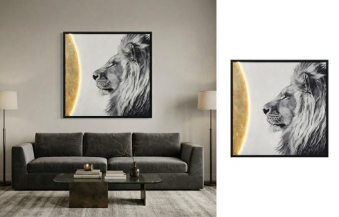 Majestätischer Löwe – Tier-Wanddekoration mit LED-Beleuchtung – 83 × 83 cm