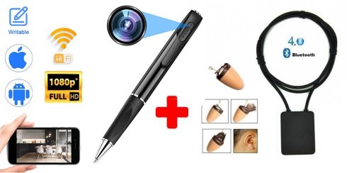 SPY SET - WiFi pen kamera P2P live streaming med FULL HD + Spy ørestykke