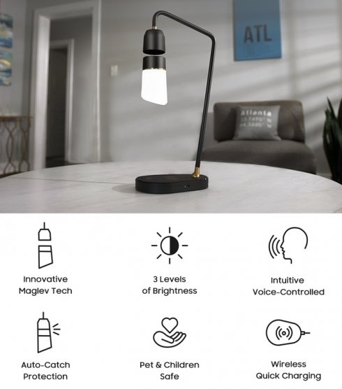 Lampe à lévitation ampoule LED magnétique - commande vocale + tactile avec CHARGE sans fil + USB 3.0