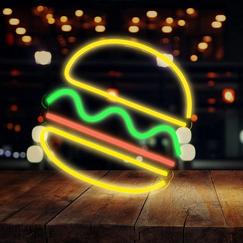 Logo pubblicitario al neon illuminato a LED sulla parete - BURGER