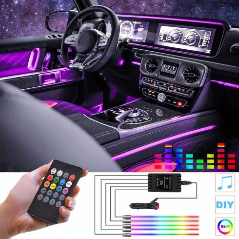 LED-lysbånd til biler LED - farve indvendig belysning - 4x18 RGB LED-lys + fjernbetjening + lydsensor