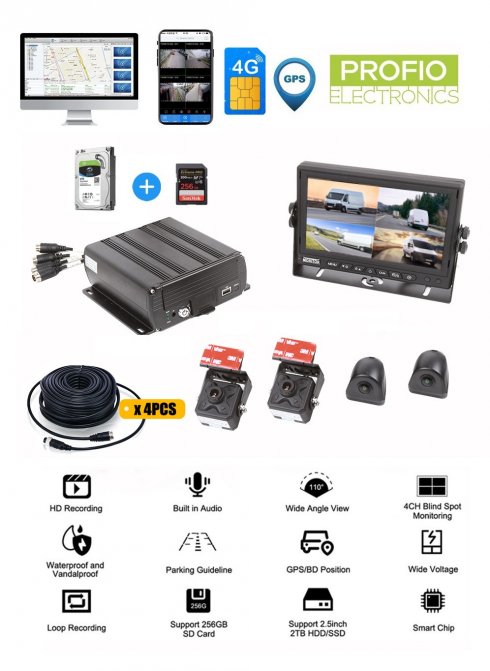 4 kamerový DVR SET do auta WiFi 4G SIM FULL HD + podpora SD karty do 256GB + 2TB HDD - PROFIO X7