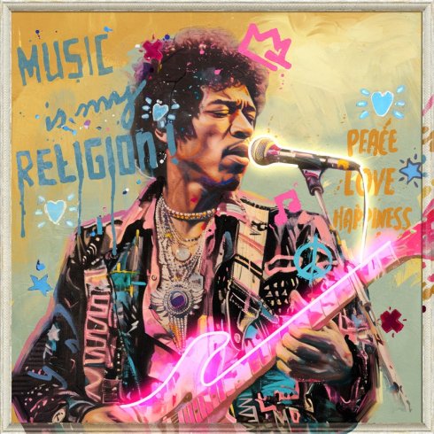 Jimi Hendrix with Guitar – Pop Art Wall LED Painting – 83 × 83 cm