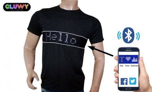 LED T-shirt med programmerbar tekst via smartphone - GLUWY