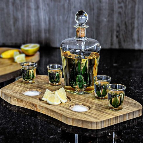 Carafe à tequila SET - Carafe à tequila de luxe 840 ml + 4 verres sur un support en bois (fait main)