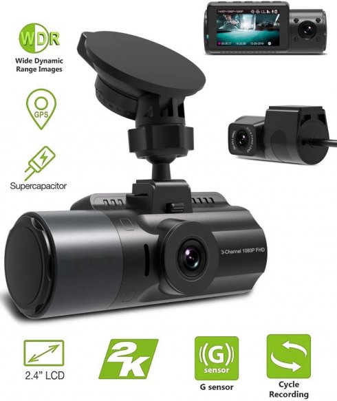 3 channel car camera with GPS (front/rear/indoor) with 2K + Parking mode -  Profio S12