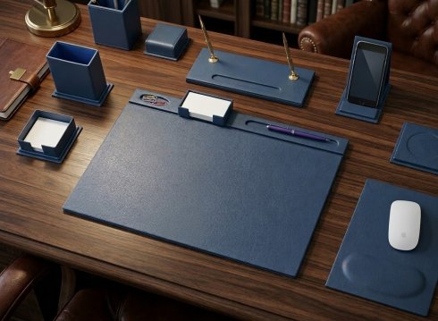 Blaues Luxus-Büro-Schreibtisch-Set aus Leder - 7-teilig (handgemacht)