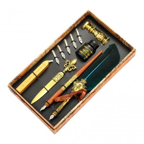 Luxusná darčeková sada - Atramentové pero s pierkom + 5 hrotov + podstavec + otvárač na listy + voskové pečiatky