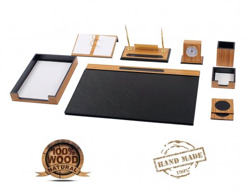 Luxuriöser, stilvoller Büro-Schreibtisch SET mit Zubehör 11-tlg. + Ziffernblattuhren (Holz + Leder)
