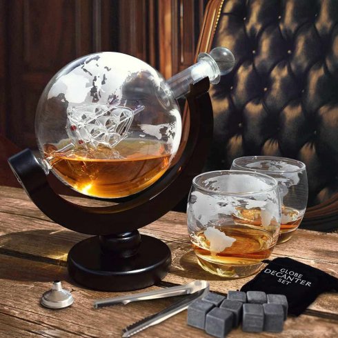 Whisky globus karaffel sett med skip - 1 whisky karaffel + 2 glass og 9 steiner