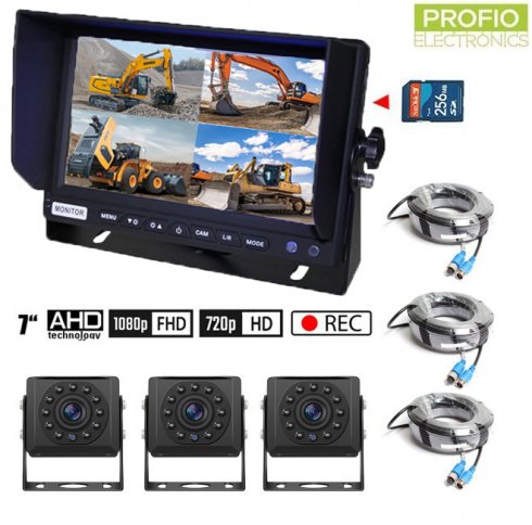 Backup camera set with SD card recording - 3x AHD camera with 11 IR LEDs + 1x Hybrid 7" AHD monitor