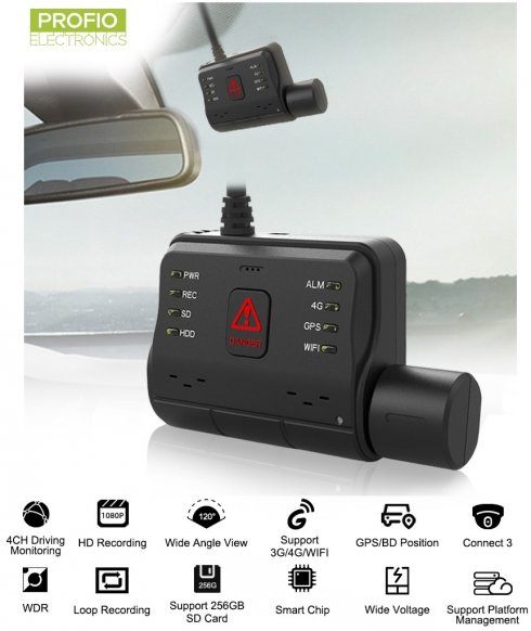 4-kanalni auto DVR snimač + prednja Full HD kamera + GPS/WIFI/4G + praćenje u stvarnom vremenu + prikaz uživo - PROFIO X6