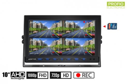 10 inch monitor hybrid 4-CH, AHD/CVBS with recording to micro SD card (up to 256 GB) for 4 cameras