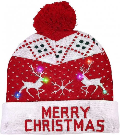 带绒球的冬季圣诞帽 - LED 发光毛线帽 - 圣诞快乐