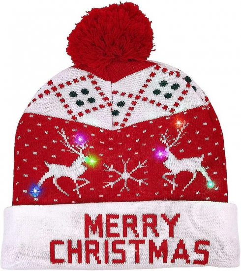 Winter christmas hat with pom pom - Light up beanie with LED - MERRY CHRISTMAS