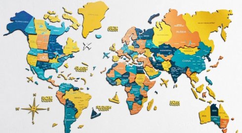 Luxury 3D map of the world - wodden decoration - SUNRISE 300 cm x 175 cm