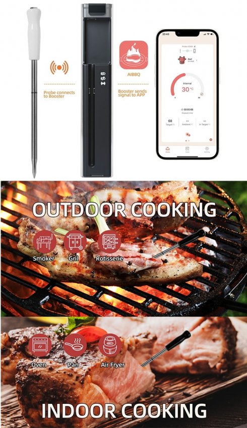 Wireless meat thermometer - Bluetooth meat grilling thermometer (iOS/Android mobile app) up to 100m