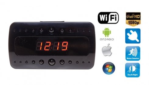 Jam alarm Wifi Kamera Full HD + 10 LED IR + Deteksi Gerakan + catu daya AC / DC