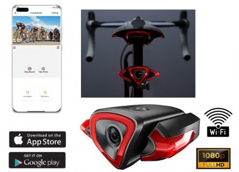 Bike rear camera - bicycle FULL HD cam + WiFi live transmission to Smartphone (iOS/Android) + LED turn signals