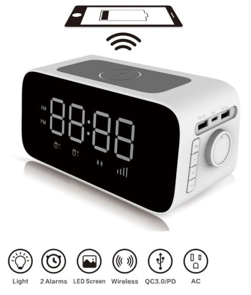 Réveil + chargeur sans fil 10W + batterie 2200 mAh avec sortie USB A et USB C 5V