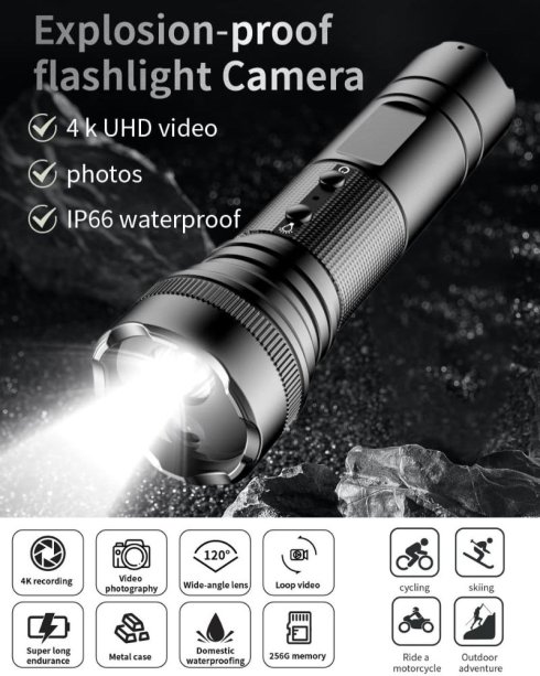 Kamera v baterke na svietenie s 4K rozlíšenie + 120° uhol + LED osvetlenie s IP66 vodotesná + držiaky