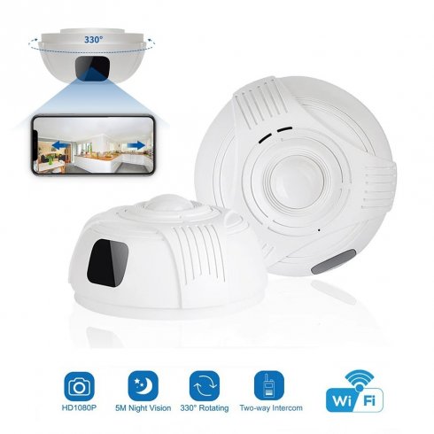Câmera detectora de fumaça com áudio - câmera de alarme de incêndio FULL HD + rotação de 330° + LED IR + áudio bidirecional