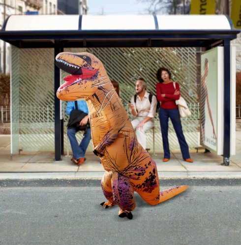 Dinosaurier Kostüm Aufblasanzug aufblasbar XXL - T Rex Halloween Kostüm (Dino Outfit) bis 2,2m + Fächer