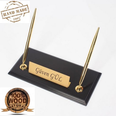 Pen holder for desk - wooden with black base with gold nameplate + 2 gold pens