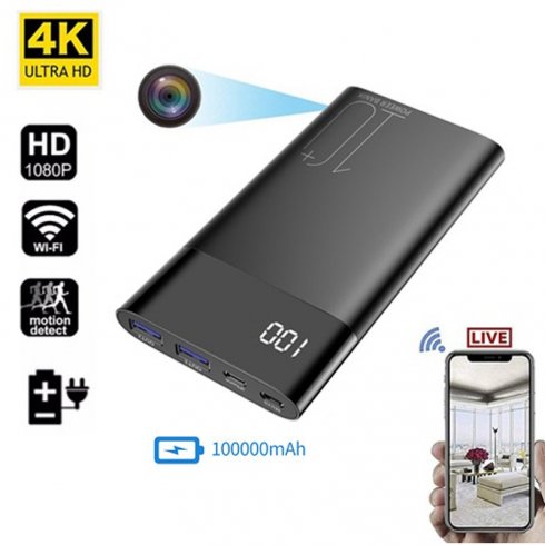 Power bank spy camera 10000 mAh with 4K + Wifi P2P + 170° angle and night vision with IR LED