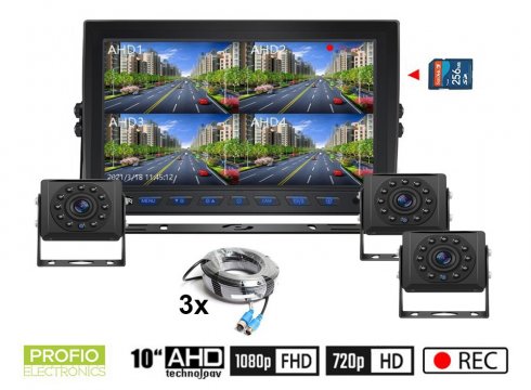 Kamery na cúvanie AHD set s nahrávaním na SD kartu - 3x HD kamera s 11 IR LED + 1x Hybridný 10" AHD monitor
