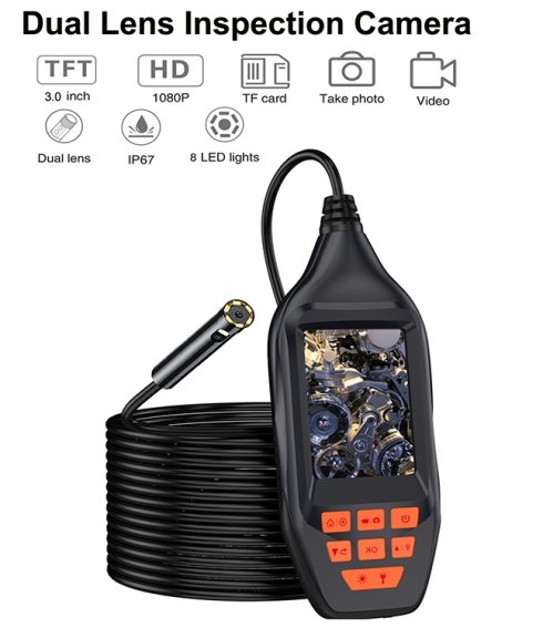 Endoscope camera 2x dual with FULL HD + 3" display + LED lights + 15m cable + IP67
