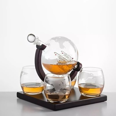 Decantor glob cu navă - Set carafe pentru whisky cu suport din lemn + 4 pahare + 9 pietre