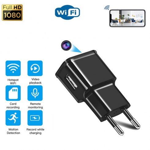 Caméra espion WiFi P2P FULL HD cachée dans l'adaptateur de charge de téléphone portable + détection de mouvement